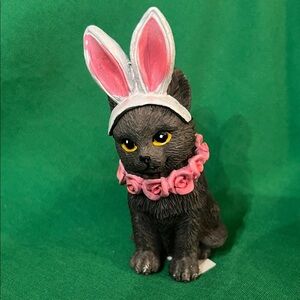 Russian Blue Kitten Easter  Figurine with Pink Bunny Ears and Rose Collar